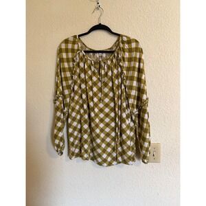 The Pioneer Woman Olive Green Gingham Peasant Blouse Ruffle Sleeve 947P80217PW L